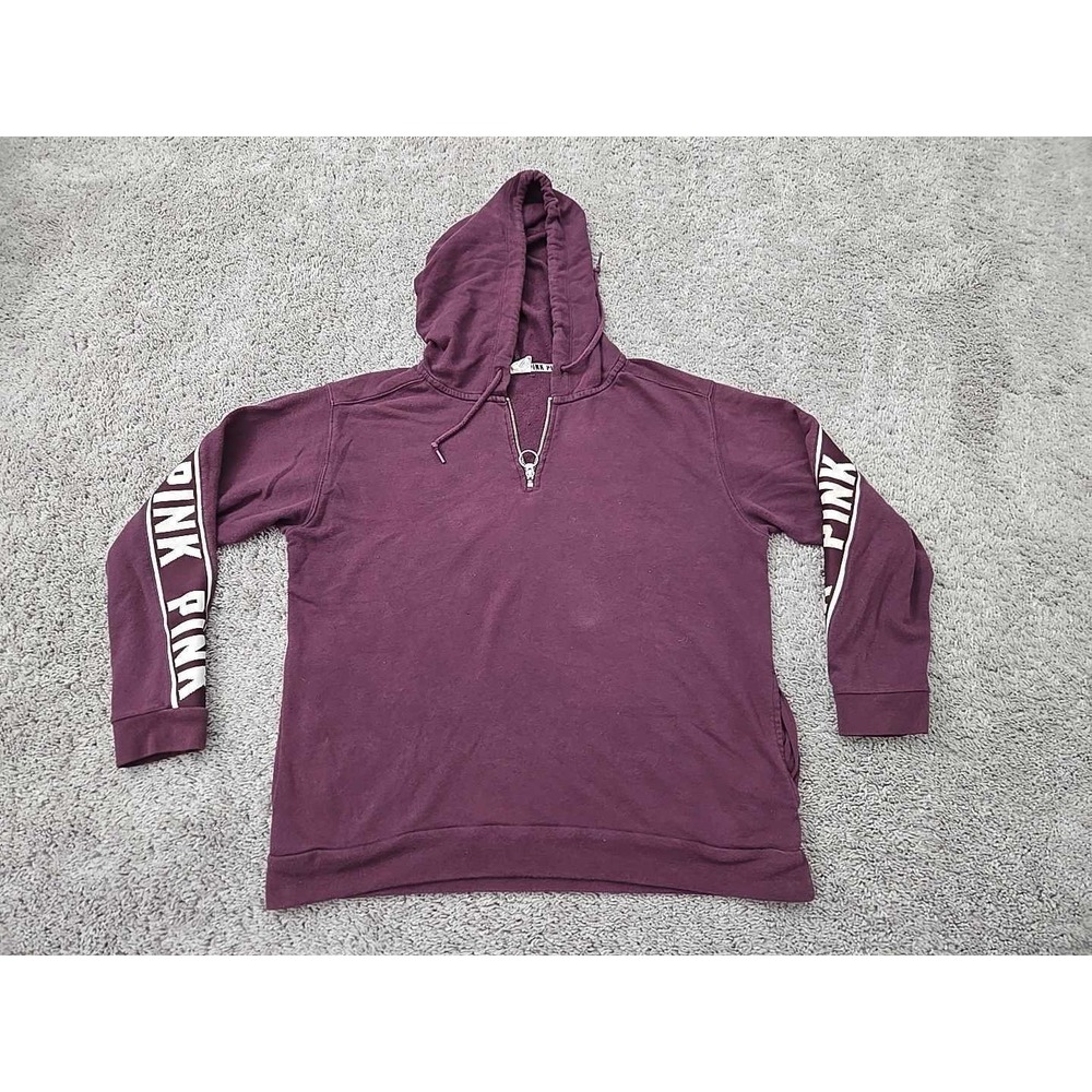 Victoria's Secret PINK Hoodie Womens L Maroon 1/4 Zip Pullover Logo Side Pockets